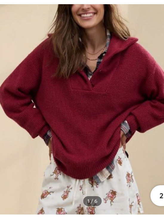 aerie Sweaters - Aerie Cozy Up Waffle Knit Polo Sweater Burgundy Oversized